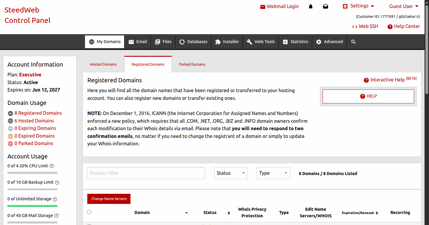 Manage all your domains in the WHCP control panel